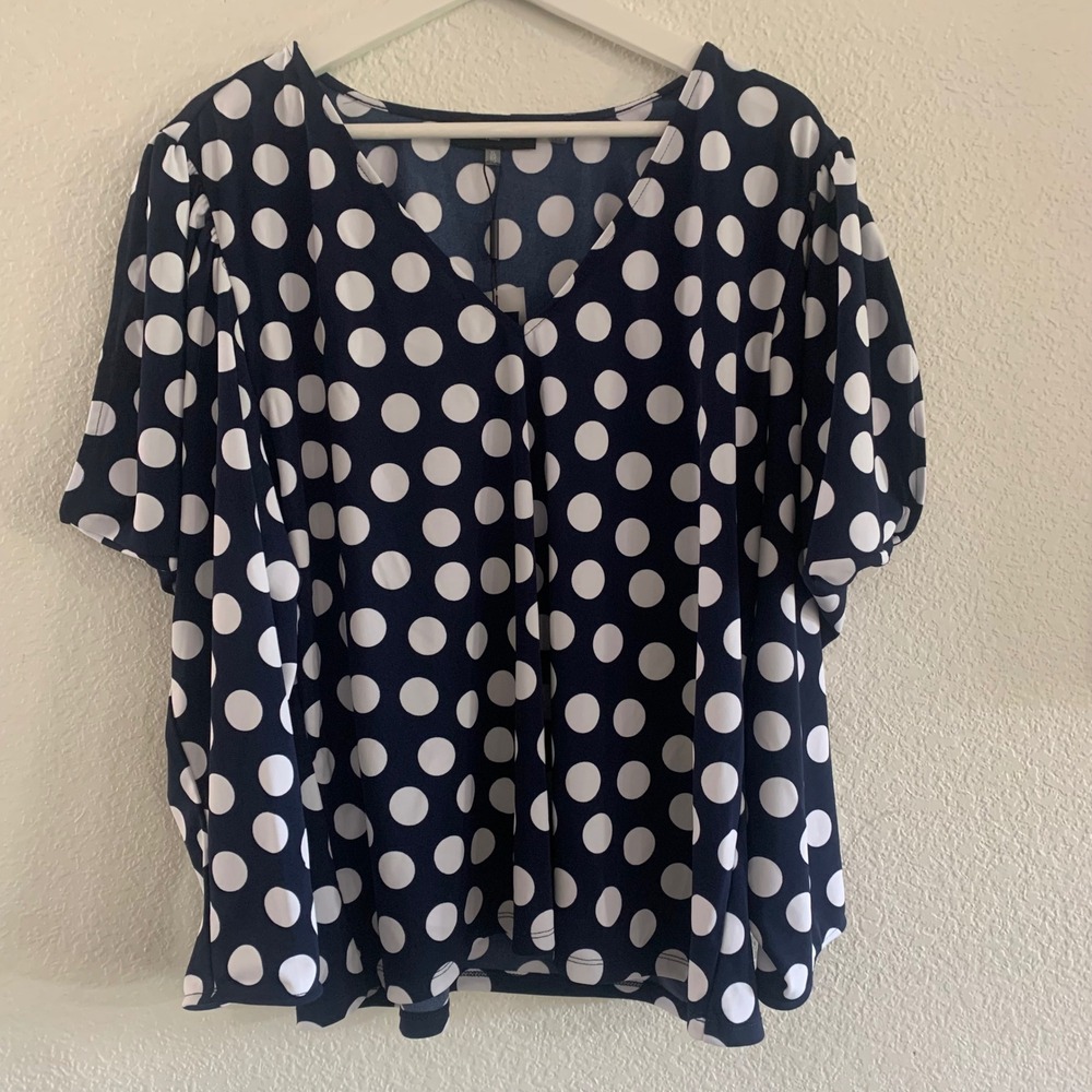 Karl Lagerfeld Paris Navy Blue White Polka Dot V-Neck Blouse XL